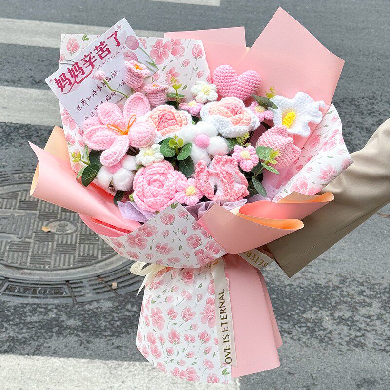 创意手工针织毛线混搭玫瑰郁金香大花束生日礼物送妈妈惊喜礼品花