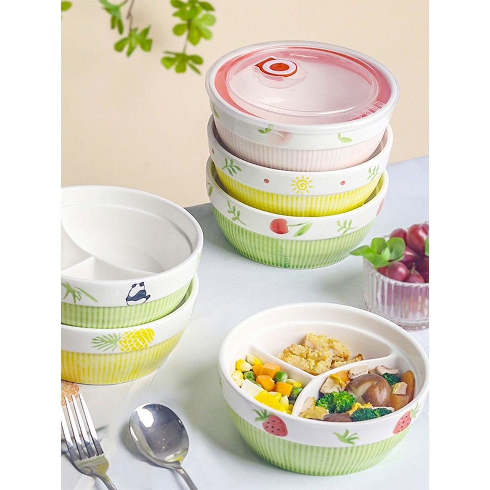 可微波炉加热陶瓷圆形三格饭盒上班族学生便当保温盒分格减脂餐盒