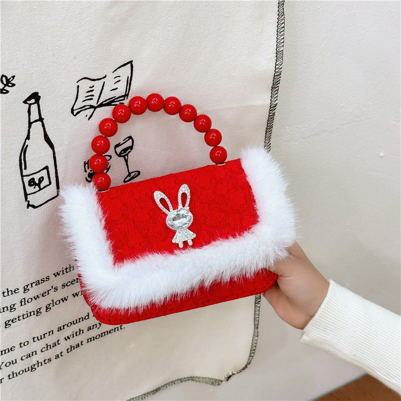 新年红色毛绒小方包女童卡通兔子手提斜挎包迷你可爱压岁钱包包