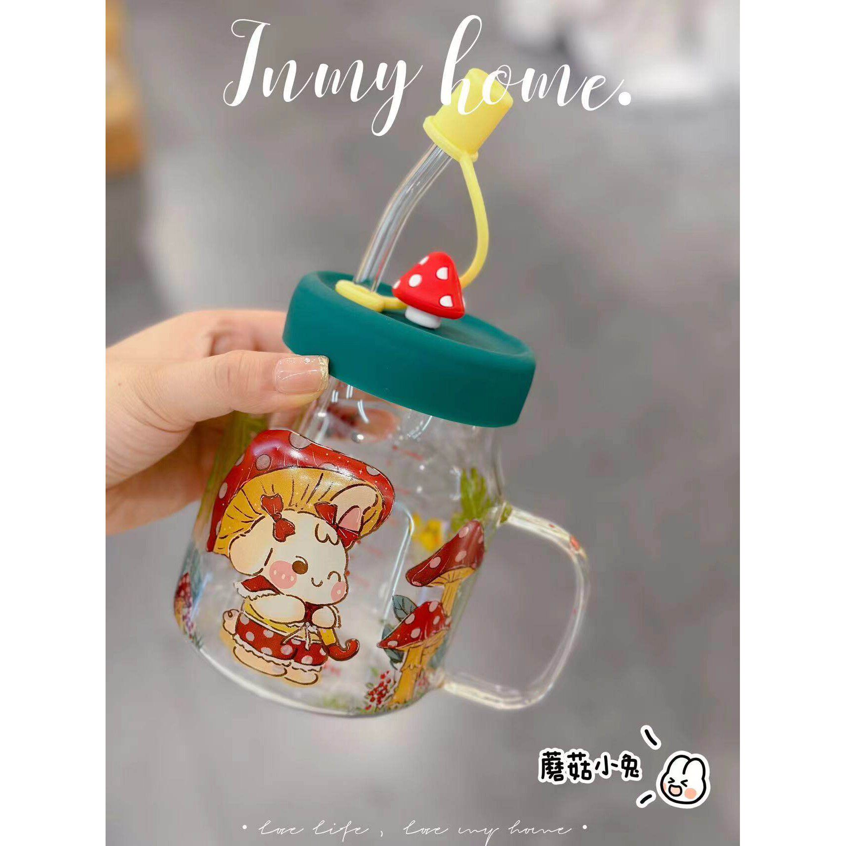 可爱兔玻璃吸管杯耐高温大容量水杯女生高颜值喝水杯子送人玻璃杯