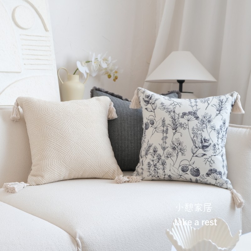 灰色花卉田园抱枕日式法式花朵抱枕客厅沙发靠垫靠枕北欧靠包复古