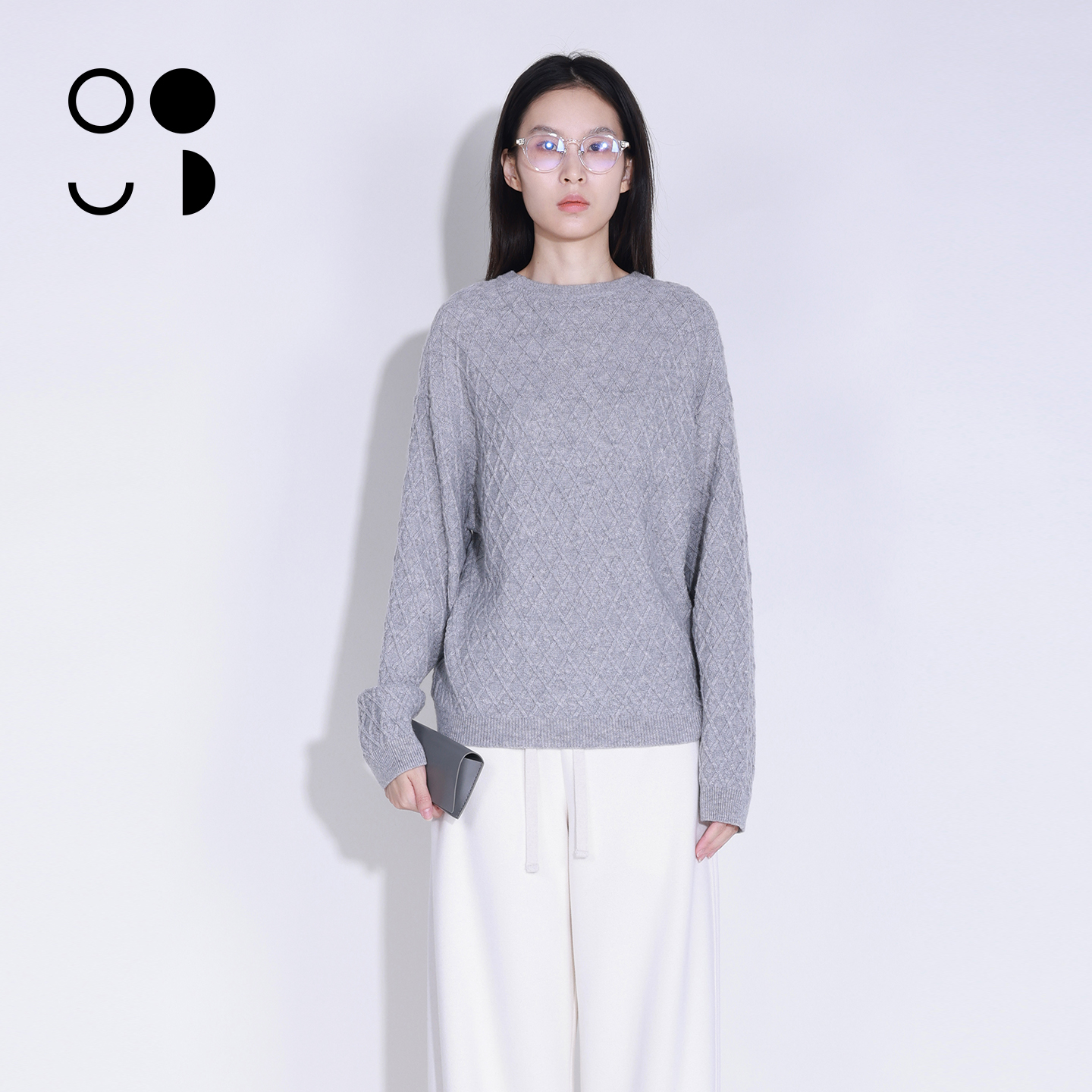 WZWJ/未知未觉短款宽松圆领套头长袖肌理感菱形格毛衣W542M29007