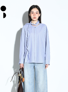 WZWJ/未知未觉25秋长绒棉米蓝格纹飘带立领长袖衬衣女W532C11548