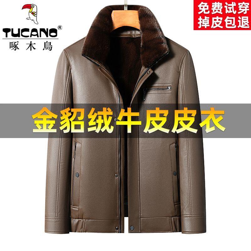 啄木鸟新款头层公牛皮海宁真皮皮衣翻领皮毛一体金貂绒加厚外套男