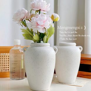 复古风陶瓷花瓶客厅摆件插花双耳水培绿植小号家居餐桌芝麻釉白色