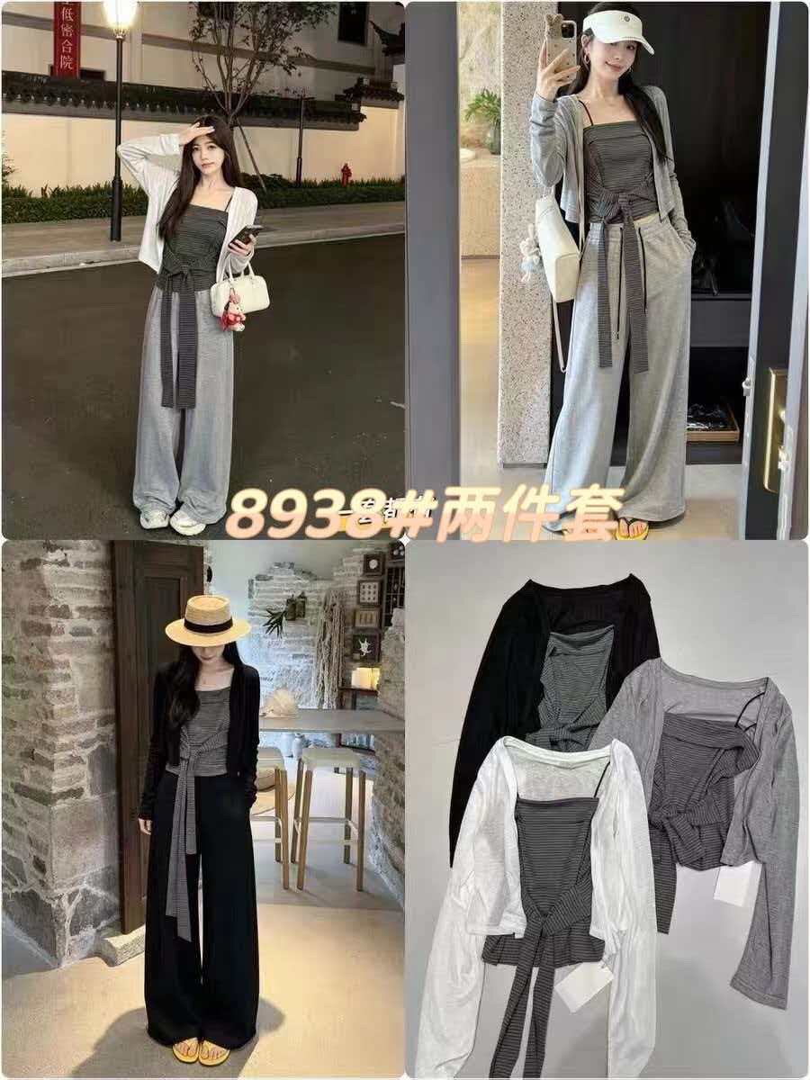 韩系简约高级感条纹绑带抹胸吊带衬衫防晒针织开衫薄款上衣套装
