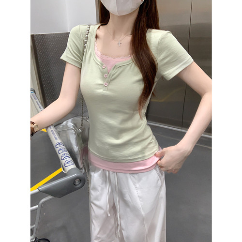 夏季设计感2026新款韩系显瘦假两件拼接蕾丝短袖t恤女装上衣