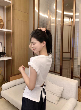 oni 绑带露背 韩系木耳边开衩修身t
