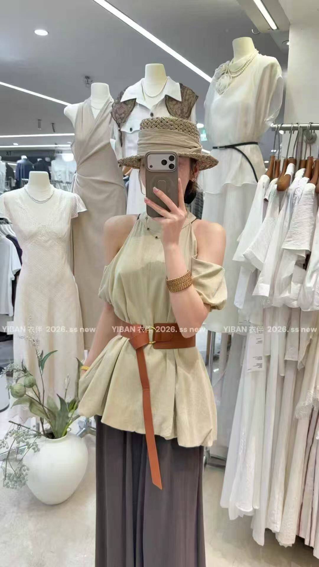 韩系法式露肩上衣配腰带中袖衬衫女夏季气质显瘦百搭花苞小衫上衣