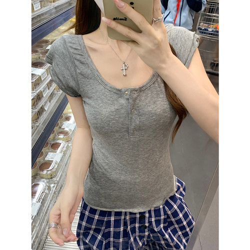 女装夏新款时尚简约百搭设计感小飞袖U领女装短袖上衣