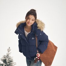 iNSLiiSA连帽毛领藏青色羽绒服女白鸭绒小个子复古设计感加厚外套