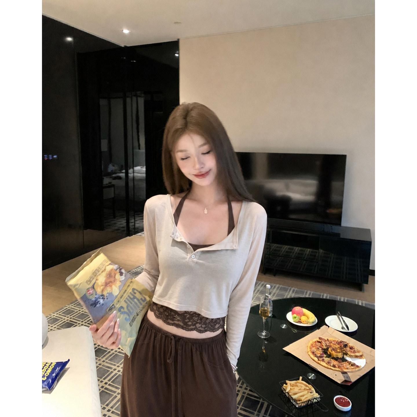 ITOOKGIII午后闲叙蕾丝边长袖T恤女早秋慵懒修身显瘦上衣套装图片