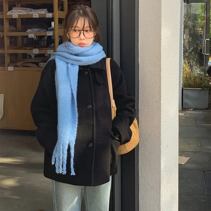 chic 韩国冬季新款复古英伦高领单排扣气质百搭毛呢子外套大衣