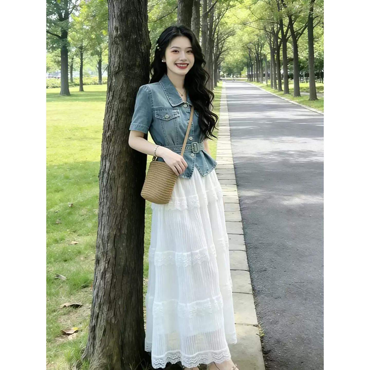法式短袖牛仔洋气上衣衣服白色蕾丝长裙套装女时髦休闲气质两件套