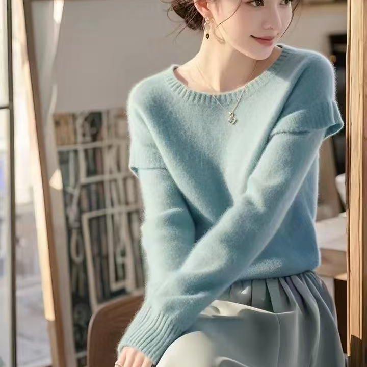 马海毛蓝色软糯毛衣秋冬新款设计感小众高级感气质内搭针织上