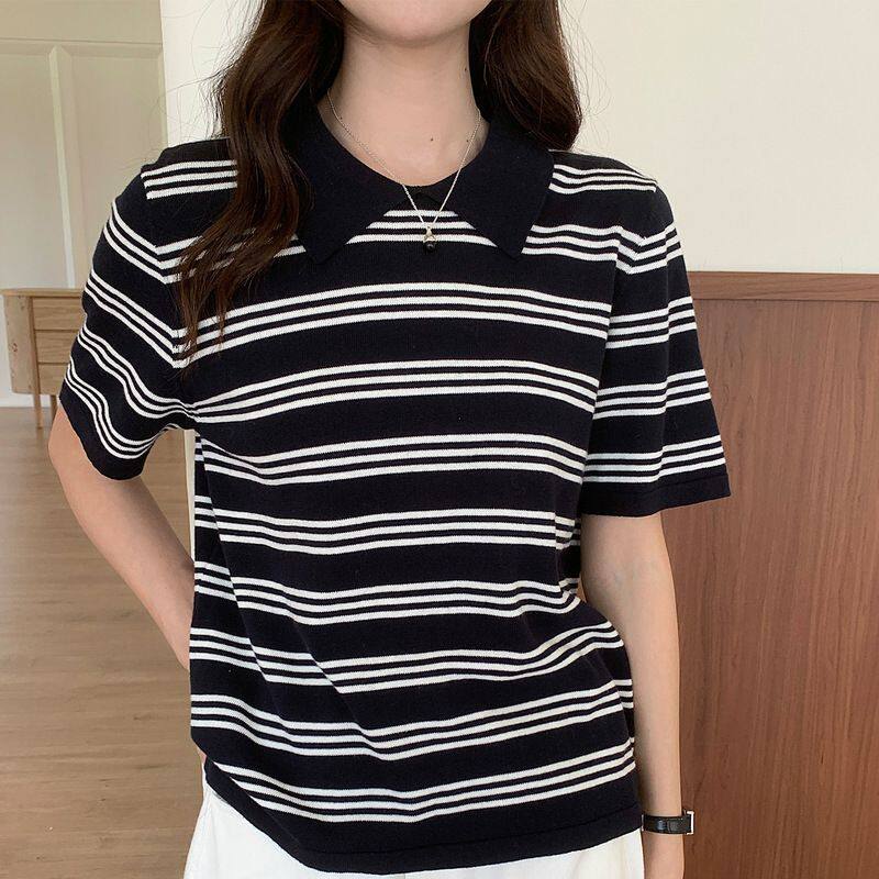 春夏新款女装针织衫100纯棉POLO领撞色条纹T恤衫轻薄透气套头短袖