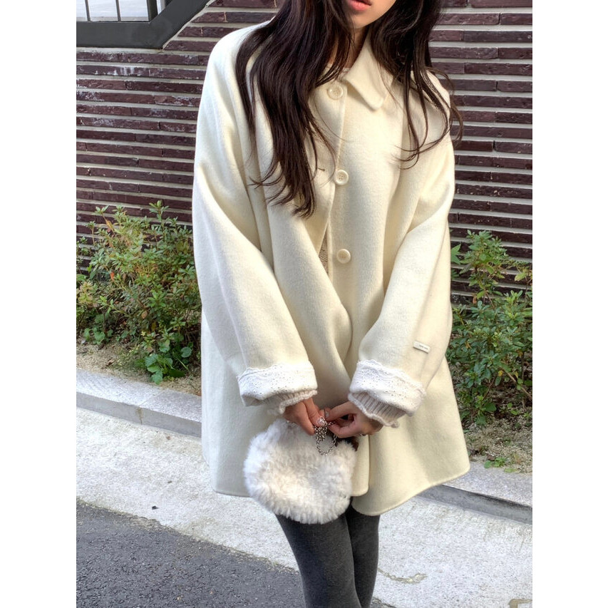 韩系冬季法式温柔甜美减龄气质花边设计感宽松百搭毛呢外套大衣