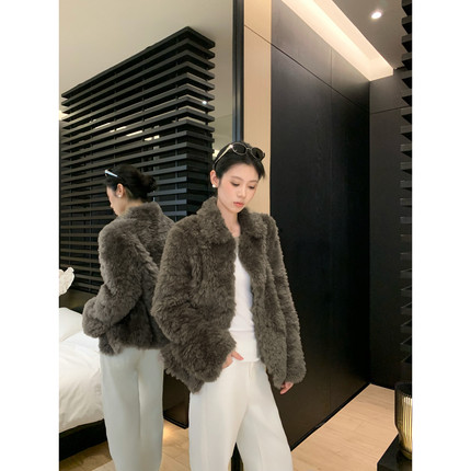 5werkwen 小奶卷|定染乌木咖 短款环保小翻领皮毛一体皮草外套