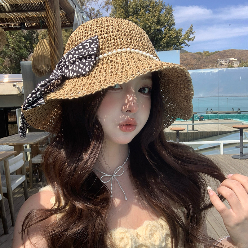 山姆推荐日本法式珍珠蝴蝶结草编沙滩防晒帽子春海边度假百搭显脸