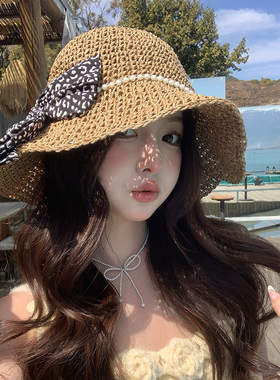 山姆推荐日本法式珍珠蝴蝶结草编沙滩防晒帽子春海边度假百搭显脸