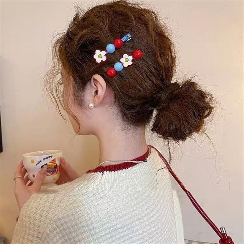 甜美彩色豆豆红蓝花朵侧边发夹女蝴蝶结边夹前额刘海夹鸭嘴夹发饰