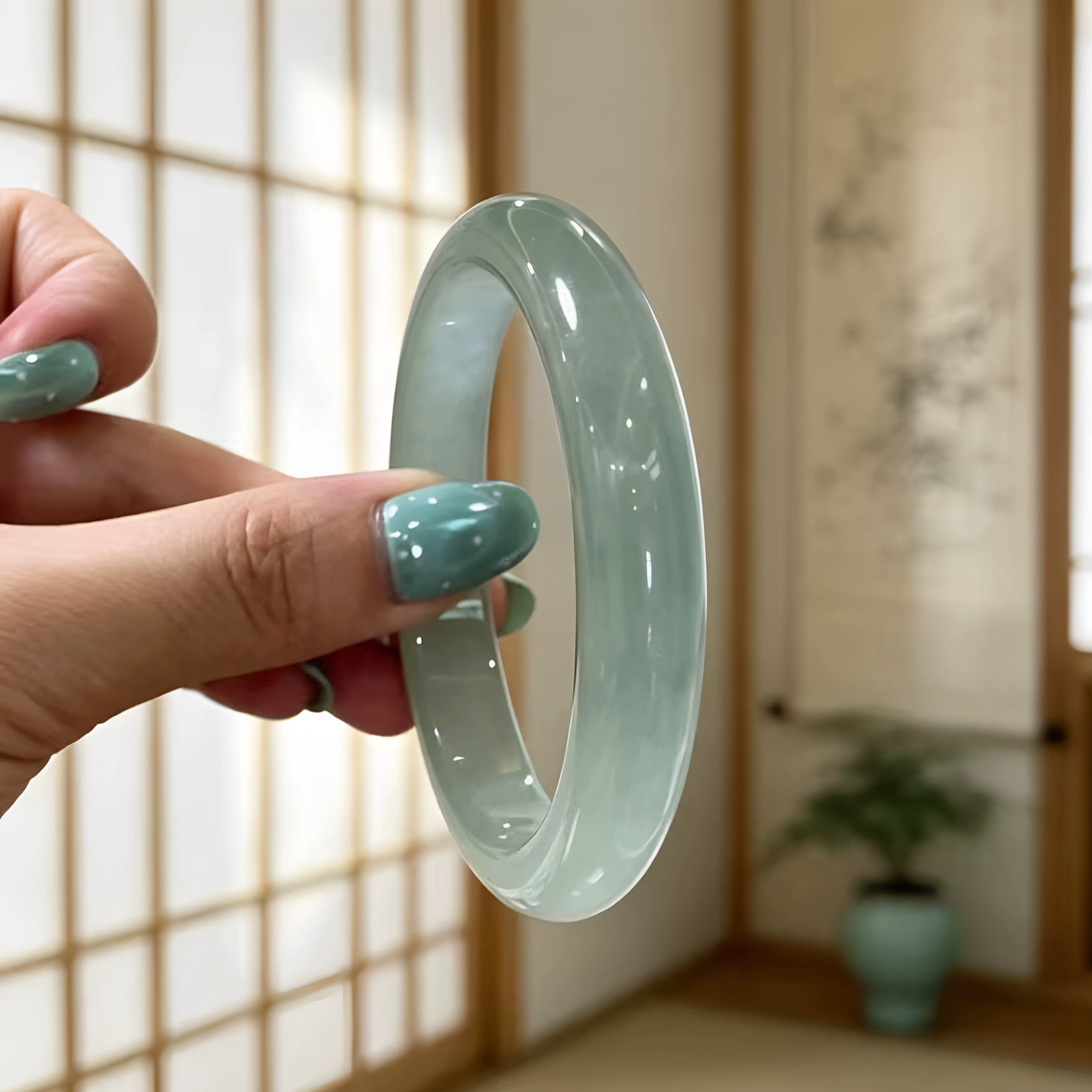 最相物"空青系列"冰种飘花翡翠贵妃玉石油青高端女款玉手镯子处理
