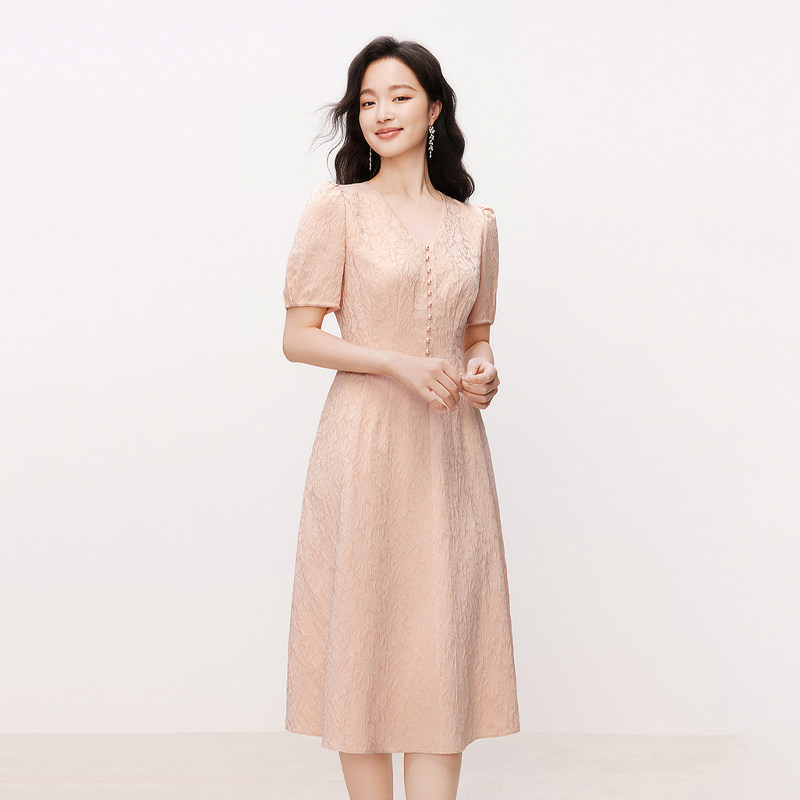 【玫瑰裙】珂莱商场同款2025夏季新款女装蕾丝花纹优雅短袖连衣裙