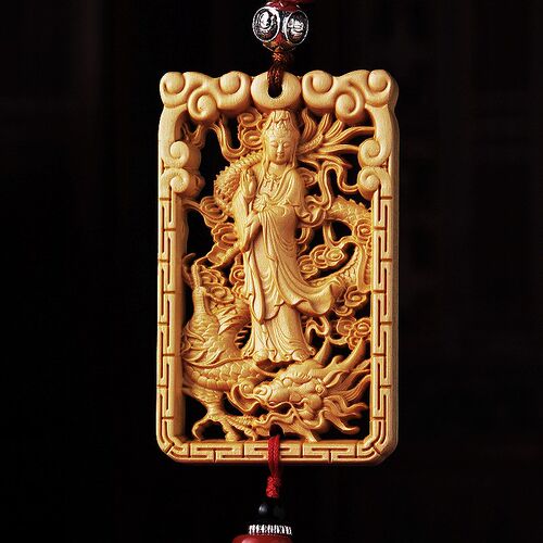 汽车挂件 黄杨木双面立体雕刻车载挂饰 复古观音出入平安挂饰品