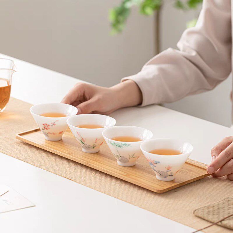 白瓷手绘兰花冰种羊脂玉斗笠杯小茶杯釉下彩单个品茗杯功夫茶具