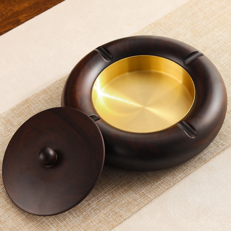 烟灰缸创意个性潮流客厅家用黑檀实木带盖防飞灰中式金属铜制烟缸