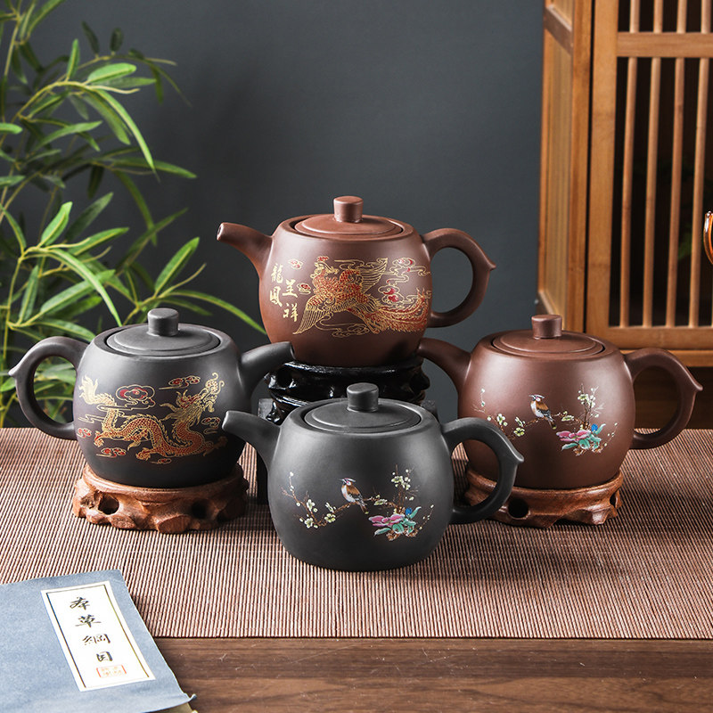 宜兴紫砂壶大容量花鸟大井栏茶壶朱泥大号手工龙凤泡茶器功夫茶具