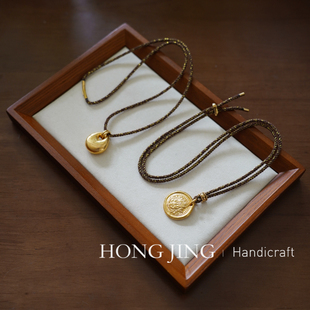 洪菁手作 2.5mm拿铁咖金棕色亮丝毛衣链玉石黄金吊坠挂绳项链男女