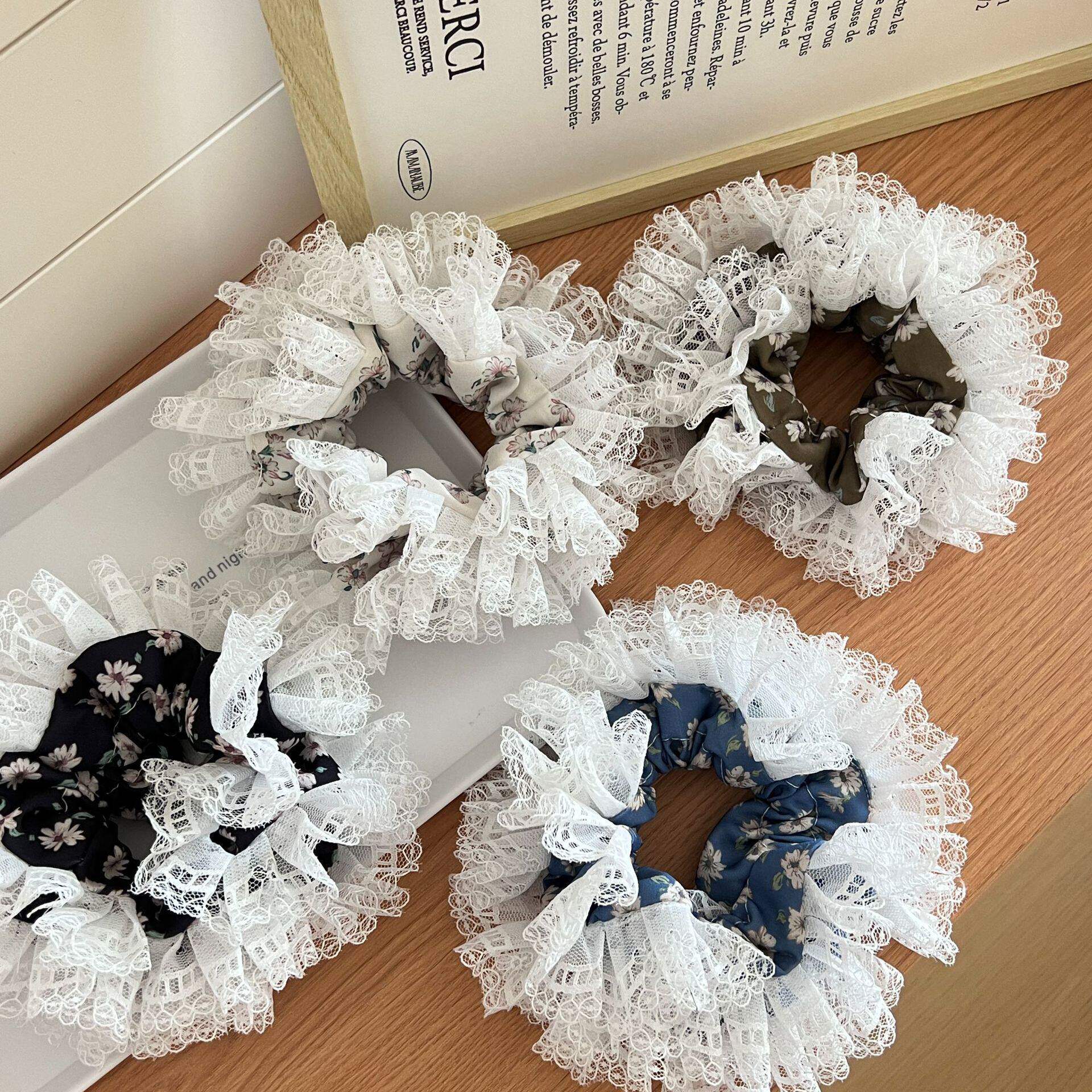 春日新款蕾丝花双层碎花褶皱大肠发圈甜美气质女童高弹力皮筋发饰