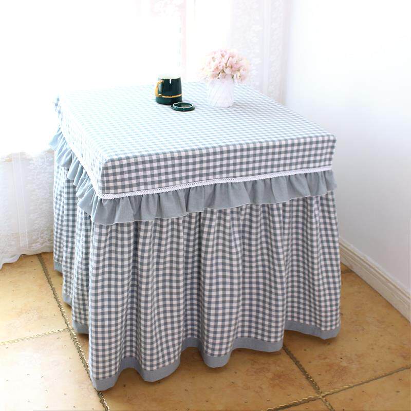 蓝色格子纯棉方桌麻将机床头柜电炉烤火炉长方形桌布茶几洗衣机罩