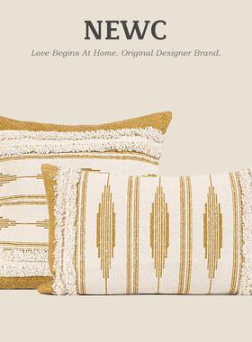 黄色手工簇绒复古怀旧抱枕客厅沙发靠垫45棉麻个性创意长方形靠枕