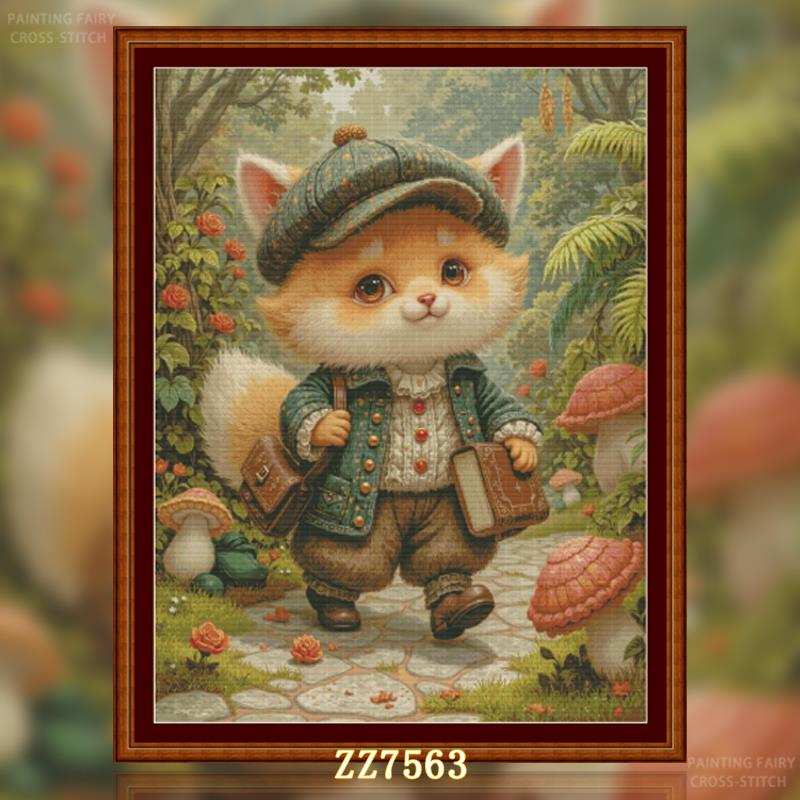 【ZZ7563-蘑菇林间的小狐狸】十字绣2025新款动物系列油画竖版玄