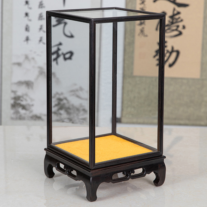 红木弯脚玻璃罩紫光檀观音佛像摆件古董工艺品透明玻璃展示盒定制