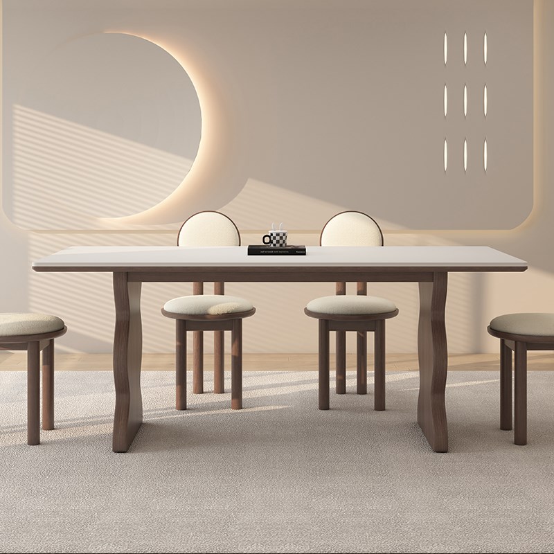 德利丰实木岩板餐桌家用小户型侘寂中古风长方形全托原木吃饭桌子