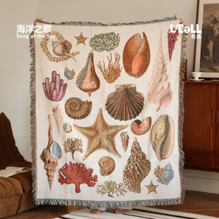 Utell有条 饰挂毯露营盖毯户外空调毯沙发毛毯 海洋之歌线毯插画装