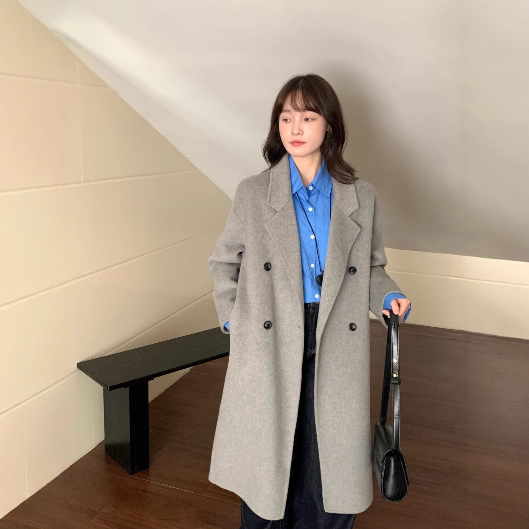 【10羊绒】新款加长版休闲风毛呢外套女西装领大衣女双面羊绒大衣