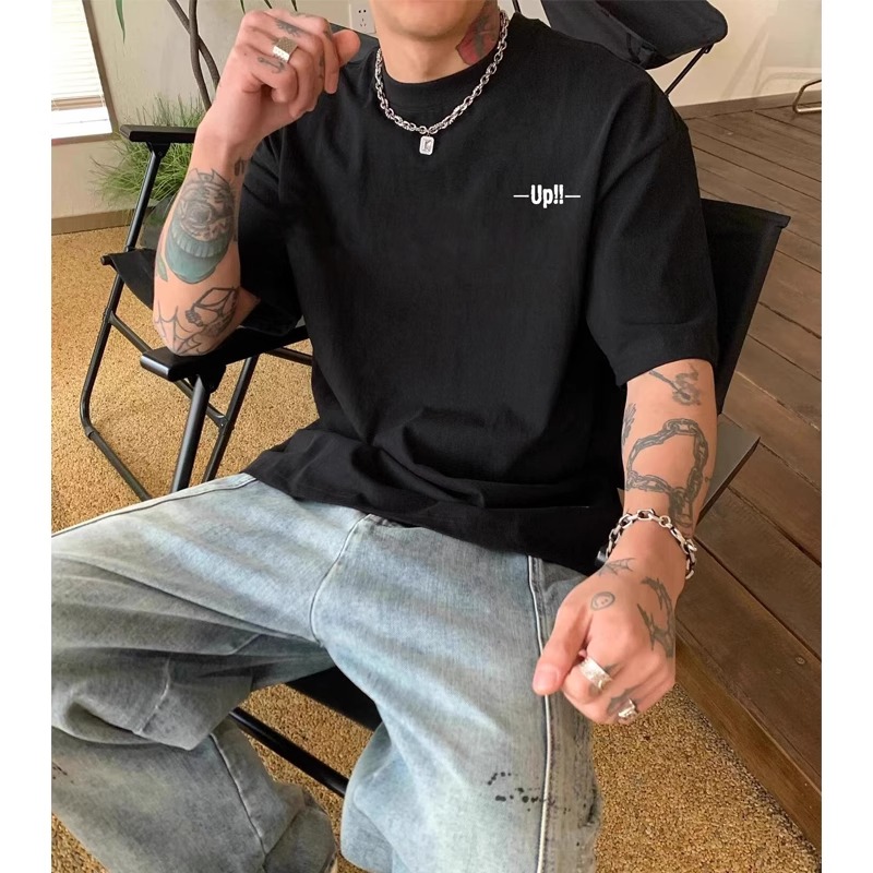 纯棉半袖圆领简约男装潮流短袖宽松型休闲夏季ins上衣英文印花t恤