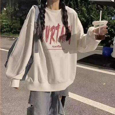 韩版大码白色圆领卫衣女秋冬季2025新款加绒加厚宽松长袖保暖上衣