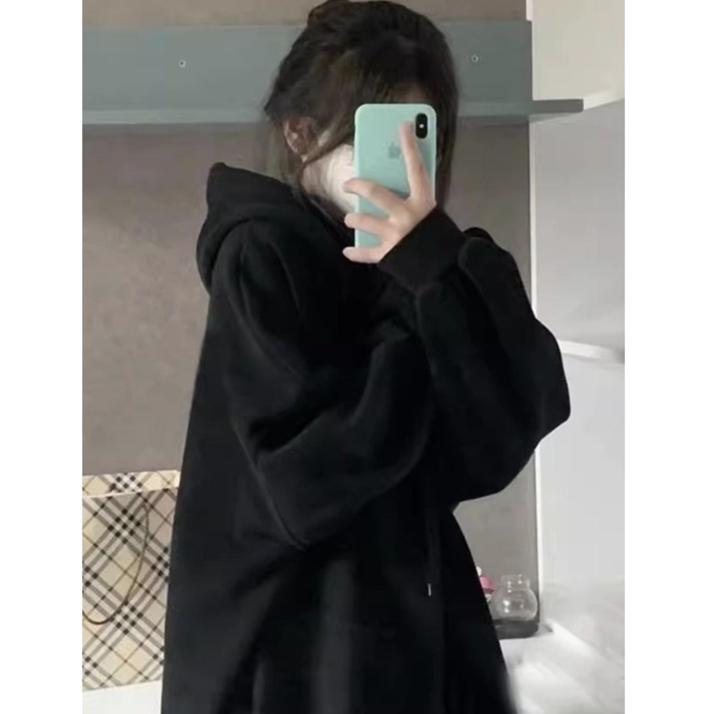重磅保暖美式复古黑色连帽卫衣女秋冬季加绒加厚oversize纯色外套