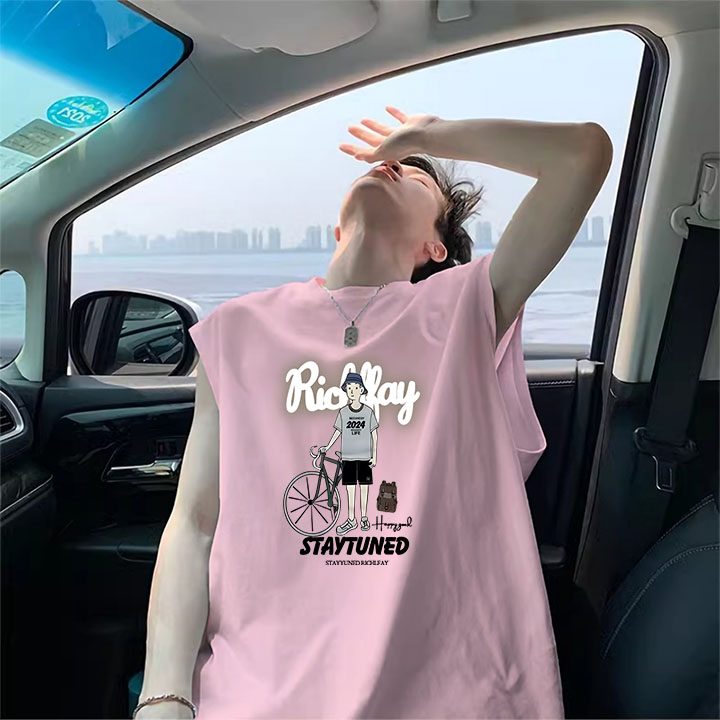 100%纯棉无袖t恤男款夏季休闲学生运动背心坎肩宽松潮流外穿上衣