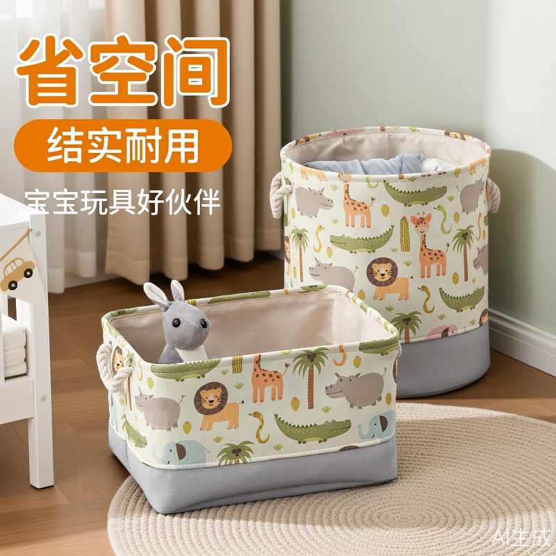 儿童玩具收纳筐布艺折叠收纳桶卡通加厚收口宝宝装毛绒玩偶收纳箱