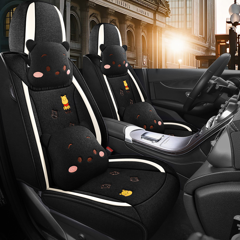 汽车坐垫四季通用全包亚麻布艺座套卡通女士座椅套全包围专用座垫