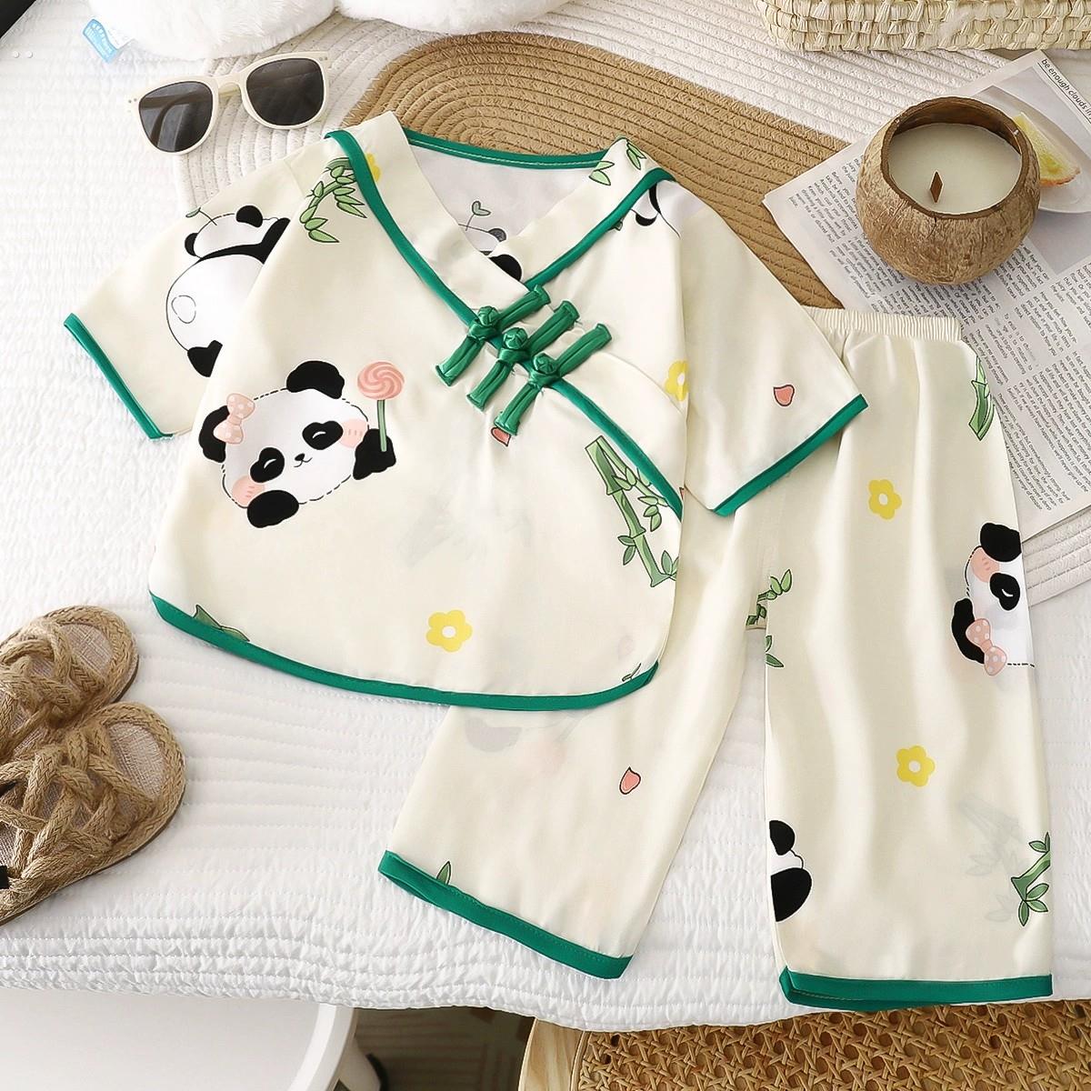 儿童睡衣套装夏季薄家居服三分之袖睡衣女孩婴儿空调服装东北人造