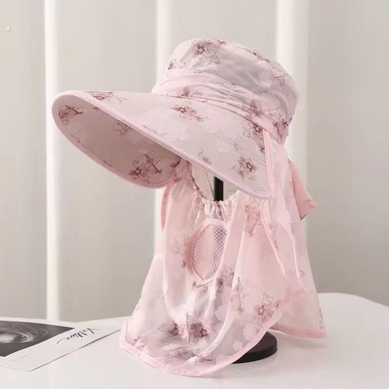 冰丝棉麻防晒遮阳帽新款防紫外线帽子可漏马尾防晒面罩护颈一体