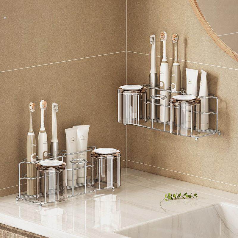 304不锈钢电动牙刷置物架壁挂式杯架免打孔漱口杯倒挂沥水架挂墙