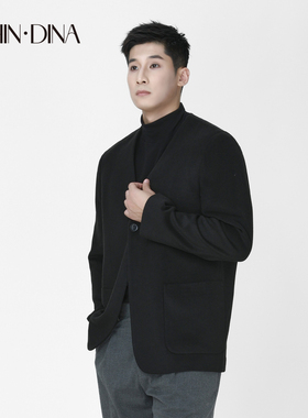 男士无领休闲西装2025年新款冬季保暖简约高级感黑色羊毛外套